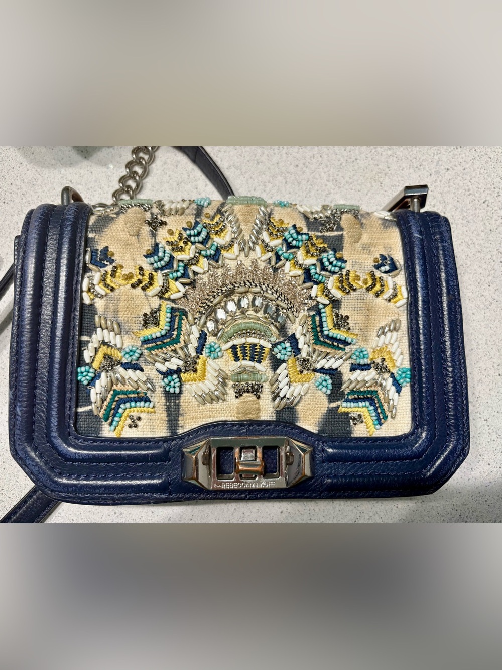 Rebecca Minkoff Embellished Beaded Crossbody - Navy, Cream & Turquoise